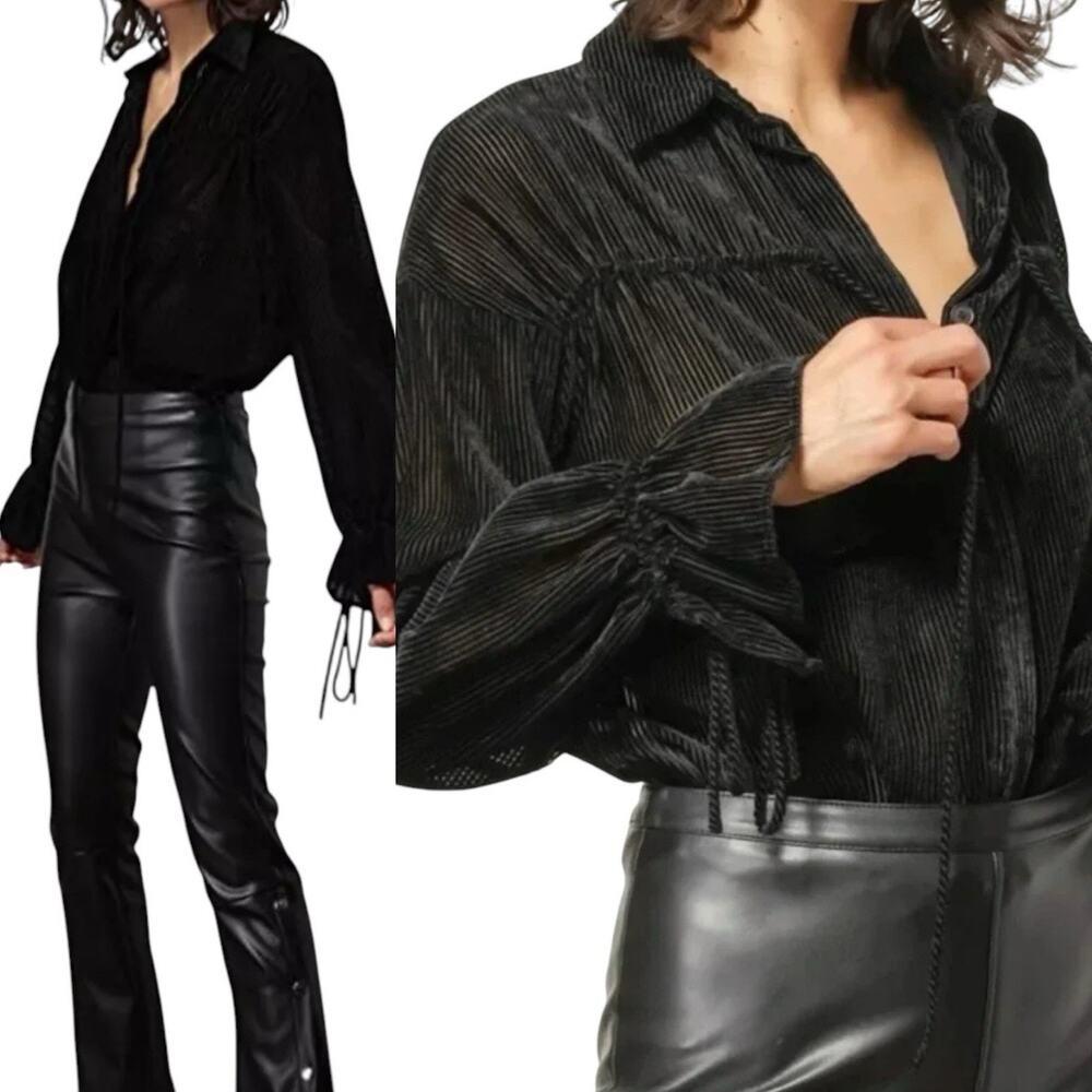 LineandDot Velvet Stripe Top Womens SIZE MEDIUM Michelle Romantic Semi Sheer Blk
